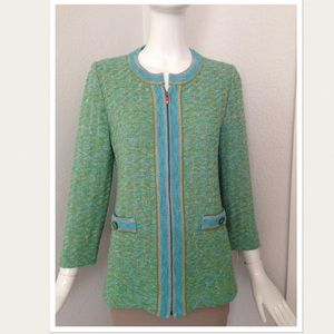 St. John style green blue zip Santana knit jacket